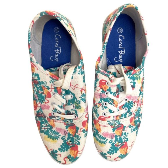 Canvas Lace-Up Sneakers Pink Flamingo Green Tropical Beach Flats Shoes Size 10 - Picture 7 of 11